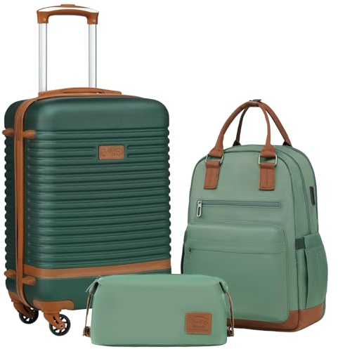COOLIFE Set di Valigie,Trolley da Viaggio con 4 Rotelle Girevoli a 360° TSA Serratura 1 zaino da viaggio e 1 Borsa da toilette Incluso (Albicocca/Verde Scuro, Set di valigie 3pzs (20))