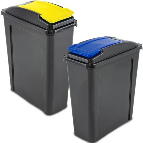 2x25L Mülltonne Schwarz-Gelb-Blau Mülleimer Küche 2 Fächer 2 Trash Bin Sack