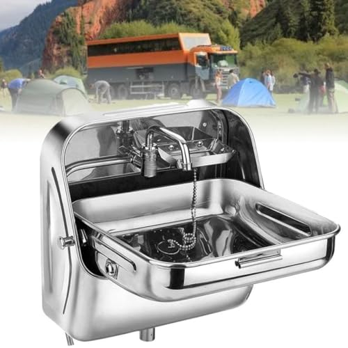 Bar-Wohnwagen-RV-Spüle Mit Klappbarem Wasserhahn Und Deckel, Edelstahl-Spüle, Handwaschbecken, Bootsspüle, Wohnwagen-Spüle, Kleine Außen-Wohnmobil-Küchenspüle, Anhänger-Wohnmobil,Silver