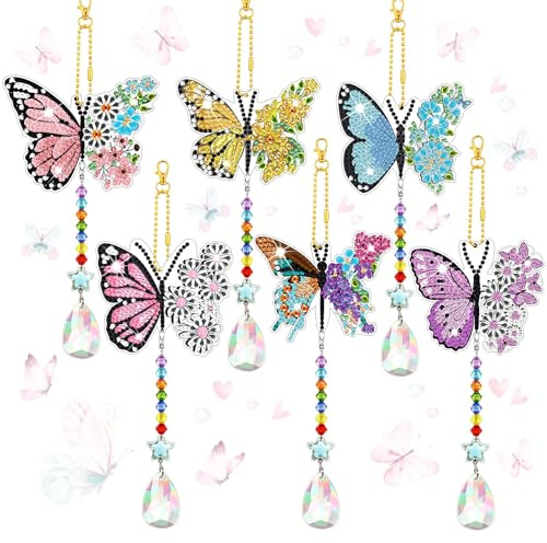 Frundoo Diamond Painting Anfänger Schlüsselanhänger Set, Basteln Mädchen 3-12 Jahre, 5D DIY Diamant Painting Bilder Schmetterling, für Weihnachten Anfängergeburtstag Mädchen Schlüsselanhänger