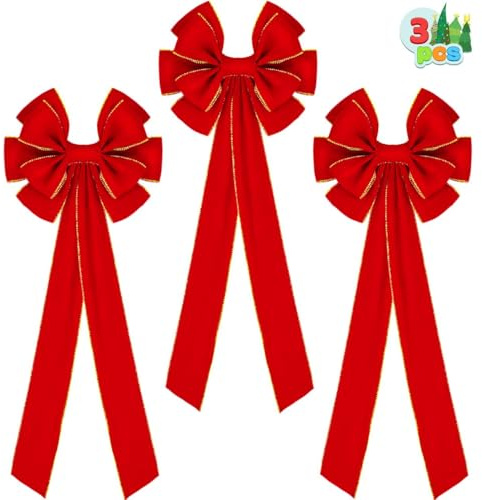 JOYIN 3 große rote Samt-Weihnachtsschleifen, 77,9 cm lang und 26,9 cm breit, riesige Samtschleifen für den Weihnachtsbaum, große Weihnachtskranzschleifen, Weihnachtsdekoration für drinnen und draußen