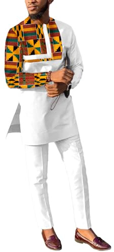 African Suits for Men Patchwork 2 Piece Set Fashion Outfit Nigerian Dashiki Wedding Clothing Attire Tracksuits, White-v041, L