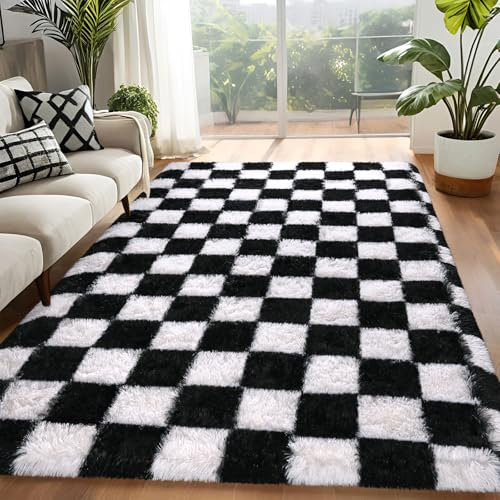 FALARK Rugs for Bedroom Living Room, 4x6 ft Black and White Checkered Area Rug, Fluffy Soft Washable Carpet, Modern Non-Slip Shag Carpets for Boys Girls Nursery Home Aesthetic Decor