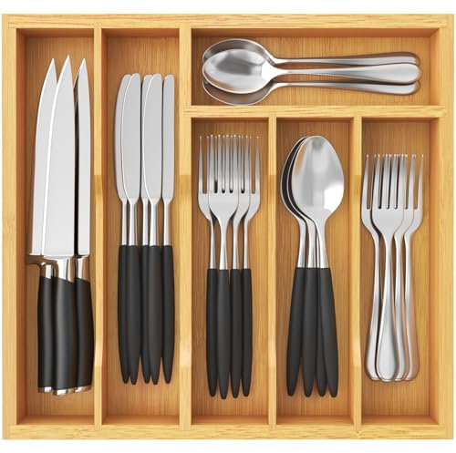 Lifewit Besteckaufbewahrung für Schublade, Besteckorganisator Schublade, Großer Küchenutensilienkasten, Küchen Organizer, Aufbewahrungsbehälter für Gabeln Messer Löffel Geschirr, 6 Fächer, Natural