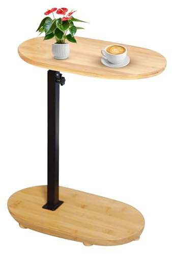 SEHAUSEU Tavolino Laterale Forma C Bambù Metallo Moderno Altezza Regolabile, Side Table, Tavolino Letto, Tavolino Divano, Tavolino Comodino, Tavolino Cura, per Soggiorno Camera da Letto Bagno