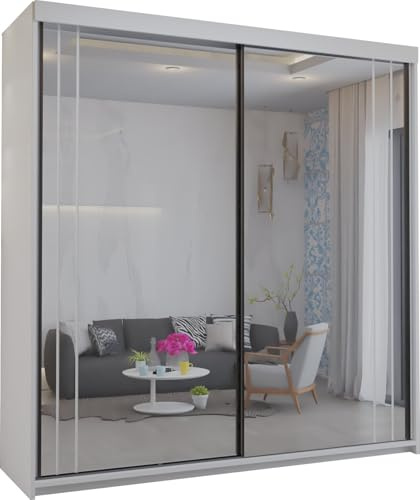 SLIDING WARDROBE 4U Seelma Storage Full Mirror Sliding Door Wardrobe – Unique Style, 4 Colors & 2 Sizes to Suit Any Space (White, 203cm)
