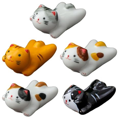 5 Stücke Katzenkackstäbchen -Rack, Süße Cartoon -Ornamente, Keramikkatze -Ornamente, Japanische Dekorationen, Interessantes Stäbchenregal, Hausdekoration