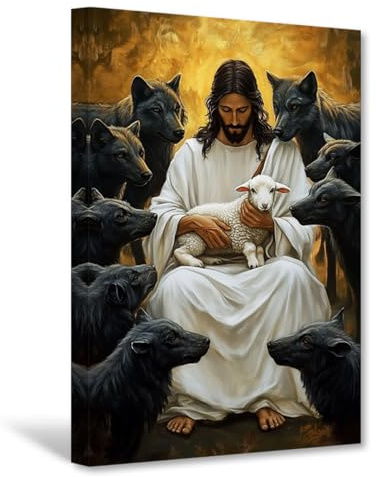 CXHOSTENT Wandkunst „Jesus und Lamm“ christlicher Leinwanddruck religiöses Gemälde verlorenes Lamm Bilder Gott-Poster Dekor gerahmt (45L x 30B cm)