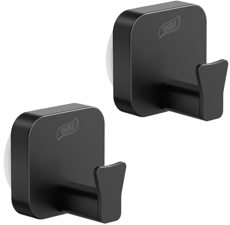 TAILI Ganchos ventosa para baño, 2 piezas, cuadrada tipo C, Negro | Acero inoxidable, sin taladro, reutilizables, para toallas y albornoces, válidos para baño y cocina