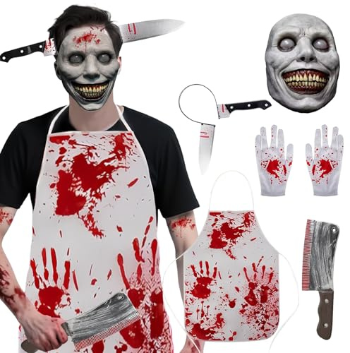 5 Stück Halloween Kostüm Herren Gruselig, Metzger Kostüm Halloween mit Blutiger Schürze Messer Maske Kleines Messer Stirnband Blutigem Horror Kostüm für Erwachsene Cosplay Foto-Requisiten Kostümparty