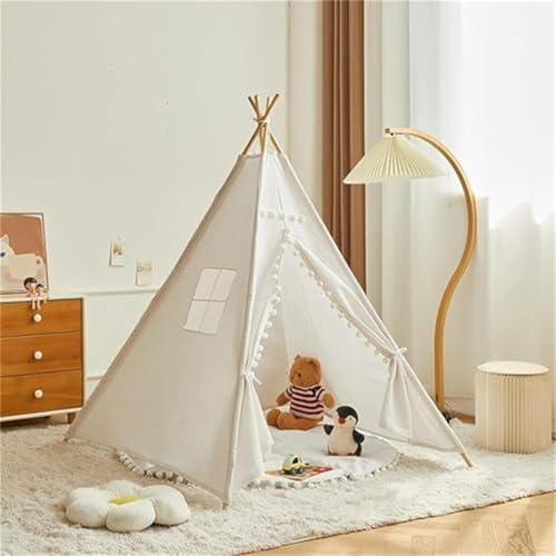Herfair Tipi Zelt für Kinder, Kinderzelt Indoor mit Filzkugel, Weiß Spielzelt Baumwolle Spielhaus, Kinderzimmer Deko Geschenke, 110×100×100 cm