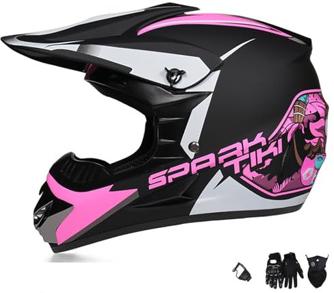 WMDMJT Casque Moto Cross Intégral Rose pour Femme et Enfant, Ensemble Casque VTT ATV Off-Road avec Lunettes, Gants et Masque, pour Dirt Bike, Scooter, Quad, Enduro, Descente,Pink2-M