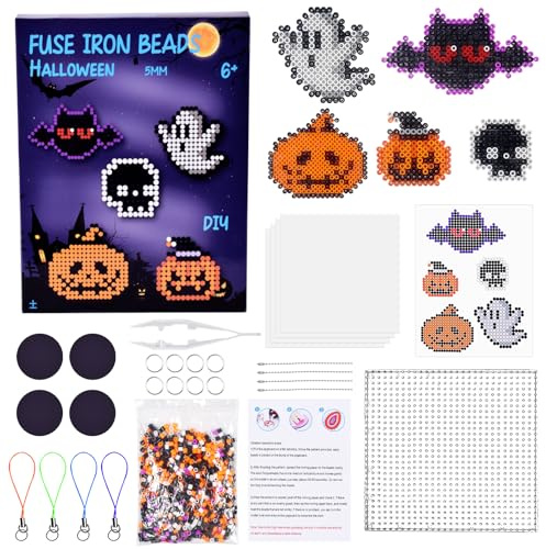 Perline da Stirare 5 mm, Set di Perline da Stirare per Halloween con Pegboard, Modelli, Carte da Stiro, Fusione Kit Creativo Fai da Te, Artigianali Fai Sets, Idea Regalo per Bambini e Adulti