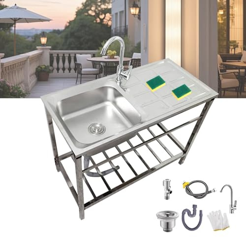 Bliajkswyr 304 Edelstahl Spültisch Waschbecken für Garten mit Wasserhahn und Ständer Spültisch Edelstahl Mobiler Outdoor-Küchenwaschtisch Wetterfest für Untergeschoss Hauswirtschaftsraum