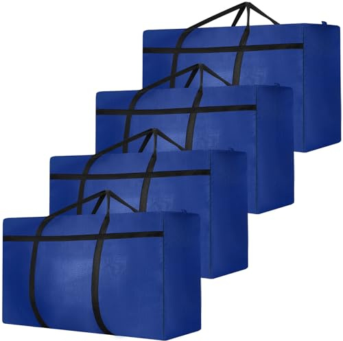 4 Pack 180L Jumbo Moving Bags, Storage Bags, Moving Box with Zip, Blue | Oxford Fabric, Reinforced Base, Wrap-Around Handles, Double Zip, Foldable, Waterproof, For Moving, Dorm, Bedding and Clothes