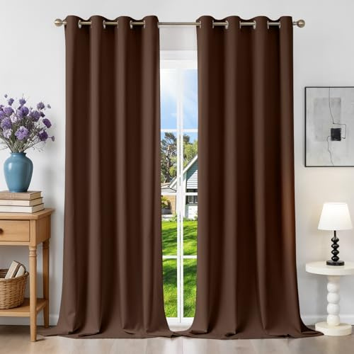 Runyéla Verdunklungsvorhänge mit Ösen Gardinen 2er Set, Thermovorhang Hitzeschutz H 245 x B 140, Vorhänge Blickdicht Braun, Ösenvorhang für Schlafzimmer Wohnzimmer Blackout Curtain