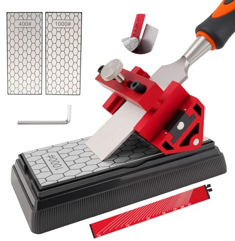 Chisel Sharpening Kit with Honing Guide & 400/1000 Grit Diamond Stone, Woodworking Sharpening Jig for Chisels & Plane Blades, Angle Guide, Non-Slip Base & Bag
