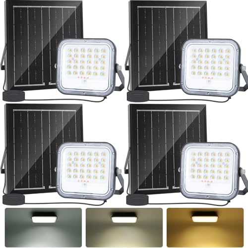 Aigostar - Foco proyector LED solar con mando a distancia,4000mAH,gran panel y batería de gran capacidad,regulable 3000/4000/6500K,IP66,cable 2m,Luz led solar para exterior y jardín,patios,4 piezas