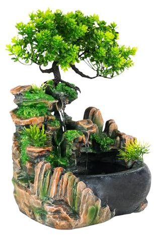 awolsrgiop Tischbrunnen mit LED Beleuchtung, 28 x 20 x 15 cm Zimmerbrunnen aus Harz mit Wasserfall-Effekt, Indoor Brunnen mit Pumpe für Wohnzimmer Büro Schlafzimmer, Schwarz Grün