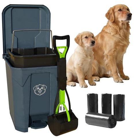LNYBJS Dog Poop Outdoor Trash Can with Lid 20L/5Gal - Pedal & Removable Inner Bin, 200 Waste Bags + 1 Green Long Handle Pooper Scooper