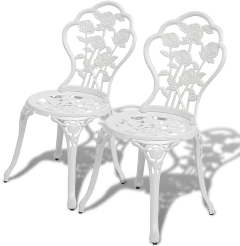 Tidyard Bistro Stühle 2er Set aus Aluminiumguss Weiß mit floralem Design für Terrasse Garten Balkon Café Restaurant Außenbereich wetterfest langlebig stapelbar komfortabel