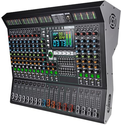 Yamnweo MD14 14-Kanal Audio Mixer Bühnenmixer für Live-Auftritte | 14-Kanal Mixer mit 99 DSP-Effekten, Bluetooth, USB-Wiedergabe, LED-Display, 48V Phantom-Speisung und Geräuschreduzierung