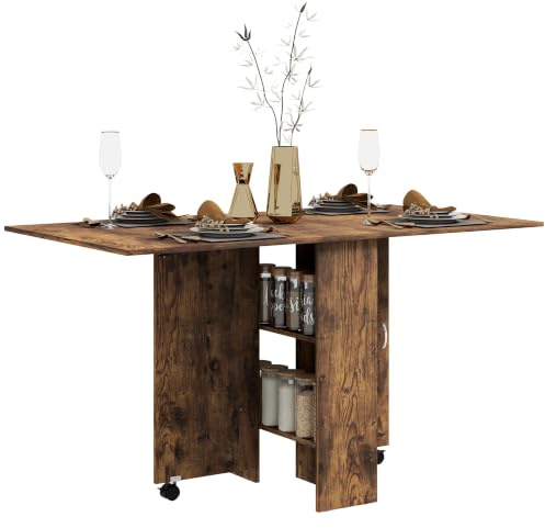 HOMCOM Tavolo da Pranzo Pieghevole per 6 Persone 140x75x74cm Marrone | Tavolo Cucina a Ribalta, Scrivania Richiudibile Salvaspazio, 2 Ripiani Aperti, Ruote a Freno, per Soggiorno Ufficio