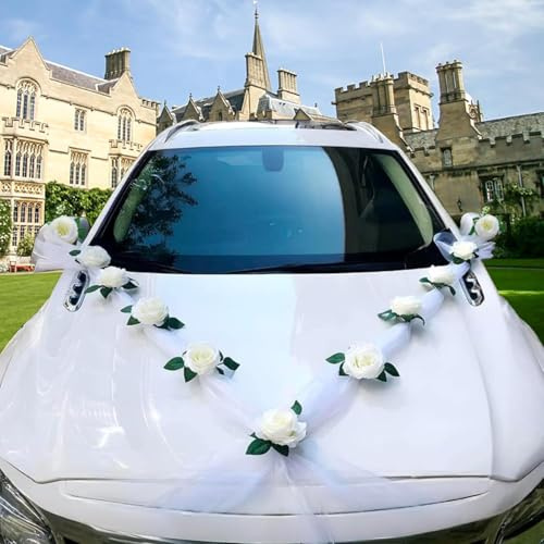 Autoschmuck Hochzeit, Weiße Hochzeitsdeko Auto Deko mit 11 Rosen & Girlande, Auto Schmuck mit Saugnäpfen und Länge Bändern, Brautauto Dekoration für Motorhaube Party