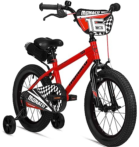 Bergsteiger Monaco 16 Zoll Kinderfahrrad BMX Rücktrittbremse | Mit V-Bremse, Stützrädern, A-Headvorbau, Trinkflasche und Doppelwandfelgen, ideal ab 110 cm für erste Fahrten mit Klingel.