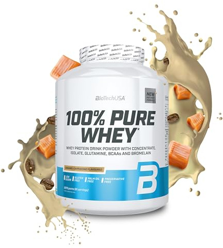 BioTechUSA 100% Pure Whey | Proteinpulver mit BCAA und Glutamin | Glutenfrei, Palmölfrei | 21g Protein pro Portion, 2.27 kg, Karamell-Cappuccino