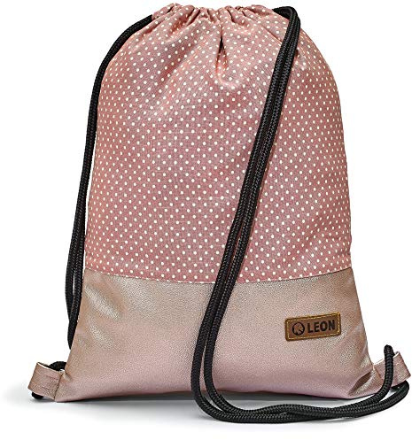 Leon By Bers großer Premium Turnbeutel mit Innentaschen Rucksack Tasche Damen Herren Teenager Gym Bag Draw String 45x34cm für Sport Reise Alltag Einkauf (Dots_Rosa_rosaPU)