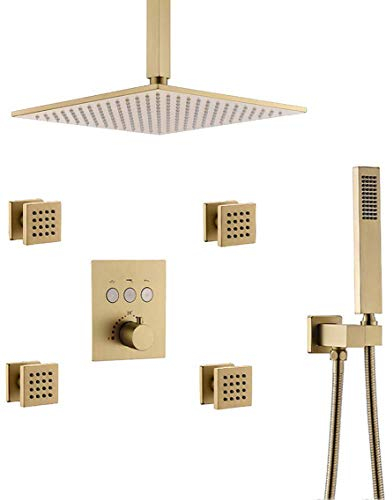 Lopus Duschsystem, Brause Thermostat aus Messing komplettes Duschset mit 12 Zoll Deckenregenkopf und 4 PCS Körpersprühgerät, Gebürstetem Gold Dusche Set