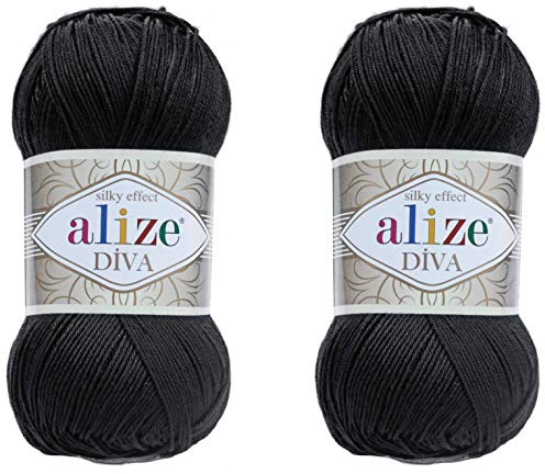 Alize Diva Yarn Handstrickgarn, 100 % Mikrofaser-Acrylgarn, Alize Diva, Seiden-Effekt, Häkelgarn, Kunst, Spitze, Basteln, 2 Knäuel, 200 g, 60-schwarz, 2 Knäuel