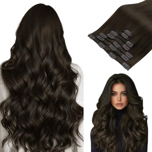 hotbanana Clip In Extensions Echthaar 40cm Haarverlängerung 120g 7 Stück | Dunkel Braun Unsichtbar Remy Echthaar, Doppelschuss, Leicht zu Tragen, für Alltag und Styling Bereich