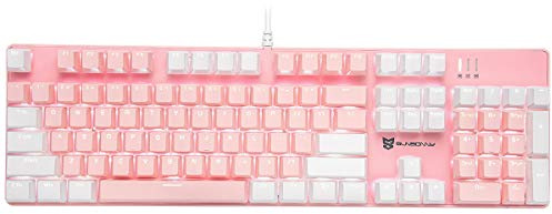 Mecool Mechanical Gaming Keyboard Wired White Backlit Keyboard Blue Switches Full Size 104 Keys US Layout-White and Pink