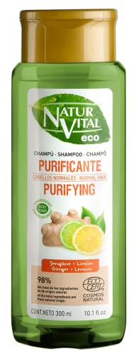 NaturVital - Champú Eco Purificante, Certificado Cosmos Natural +98% Ingredientes Naturales, Vegano, con Jengibre y Cítricos de Cultivo Bio Certificado, sin Parabenos, Colorantes ni Siliconas, 300ml