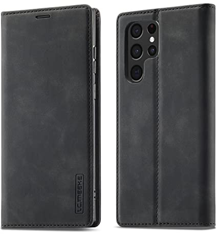 QLTYPRI Fodral till Samsung Galaxy S22 Ultra, vintage matt läder plånboksfodral kortplats stativ magnetisk stötsäker flip folio bokfodral för Samsung S21 Ultra 5G – svart