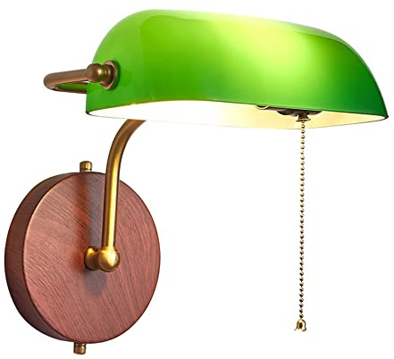 Lampada da parete vintage banchiere con interruttore, con paralume in vetro verde regolabile Lampada parete E27, base in ferro color legno Lampada banchiere tradizionale Lampada comodino camera letto