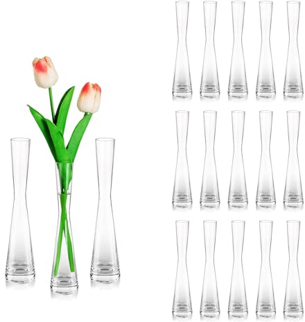 Glass Handmade Tall Thin Flower Vase: Glasseam 18Pcs 20cm Modern Single Stem Narrow Clear Vases Living Room Table Centrepiece Slim Cylinder Home Decor for Wedding Ornaments Pampas Grass Tulip Rose