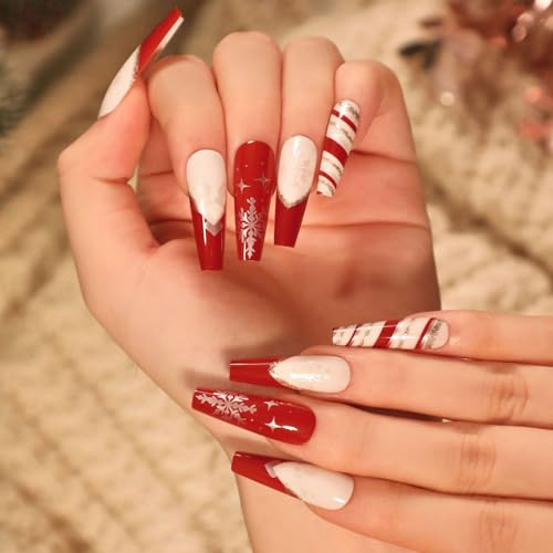 Handcess Weihnachten Künstlicher Nagel Lange Rot Press on Nails Schnee Glänzend Falsche Nägel Weihnachts Nagel Aufkleben für Damen und Mädchen 24 Stück