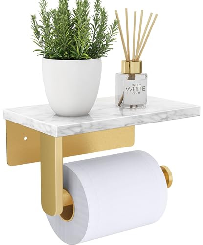 Toilet Roll Holder Wall Mounted, Gypie 304 Stainless Steel Toilet Paper Holder with Marble Shelf, Rustproof Matt Gold Tissue holder for Bathroom