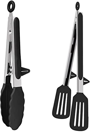Hongtellor Kitchen Tongs - 2 Pack Non-Slip Stainless Steel Cooking Tongs Set for BBQ, Serving, Frying, Salad (Black) (K-001)