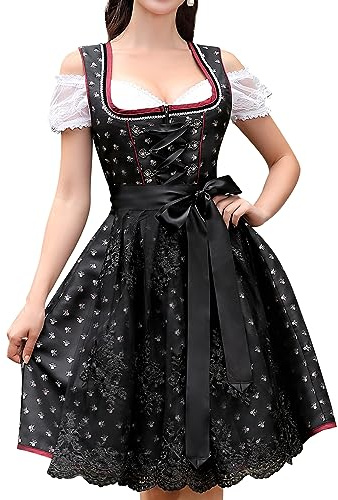 Clearlove Dirndl Damen Midi Set 3 Teilig Elegant Kurz Trachtenkleid inkl. Dirndl Kleid Dirndlschürze Dirndlbluse für Oktoberfest(A-Schwarz,38)