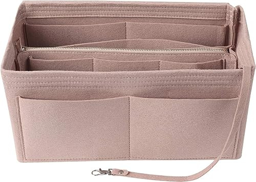 Handtaschen Organizer, 2 in 1 Bag in Bag Einsatz mit Schlüsselkette Filz Taschenorganizer für Damen, Innentaschen für Handtaschen mit Abnehmbare Reißverschluss Tasche Schlüsselanhänger (Khaki M)