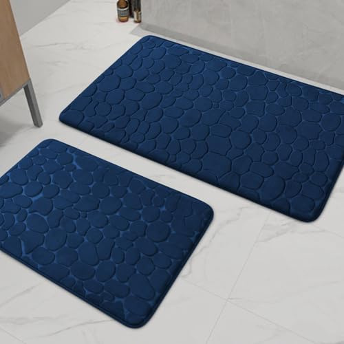 chakme Badezimmer Teppiche Sets 2 Stück, Cobblestone Memory Foam Badezimmer Matten Set dick, Anti-Rutsch-Badematten für Bad,absorbierend waschbar dunkelblau Badteppiche für Wanne, WC und Boden