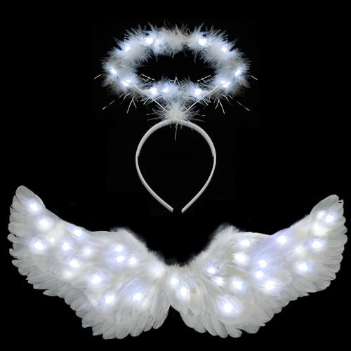 Ptesuply Alas de ángel iluminadas y aureola con luces LED, 3 modos de iluminación, disfraz de ángel blanco, para Halloween, Navidad, cosplay, fiestas, blanco frío, L