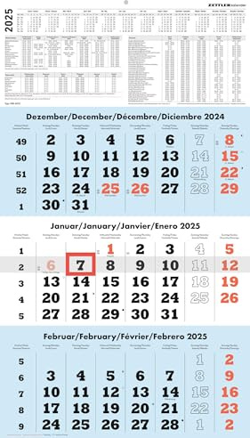 Zettler - 3-Monatskalender 2025 blau, 33x45cm, Bürokalender mit Jahresübersicht, Datumsschieber, faltbar, 3 Monate auf einen Blick, Feiertage DE /Ferientermine DE/AT/CH und deutsches Kalendarium