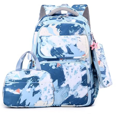 FANDARE Mignon Sac à Dos Enfant Filles Garçons Sacs à dos loisir avec panier repas & trousse Sac a dos maternelle Cartables scolaires Sacs d'école Sacs portés dos Sacs Voyage Sacs Scolaires Bleu foncé