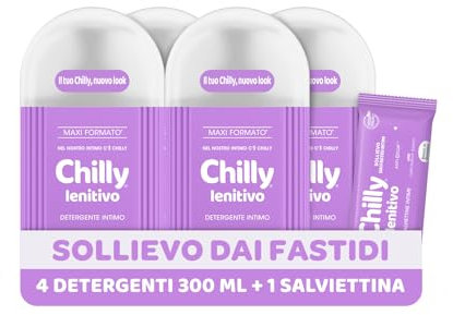 Chilly, Detergente Intimo Lenitivo, Sollievo dai piccoli fastidi intimi, con Anti-Odor, Per L'Igiene Intima, con Bisabololo dalle proprietà Dermocalmanti, pH 5, Clinicamente Testato, 4 Pezzi da 300 ml
