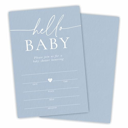 DYIRBIIY Einladungen zur Babyparty mit Umschlägen – Hello Baby – Minimalismus blau zum Ausfüllen von Babypartys, Geschlechtsoffenbarung, Baby-Ankündigungseinladungen, Partyzubehör – A10